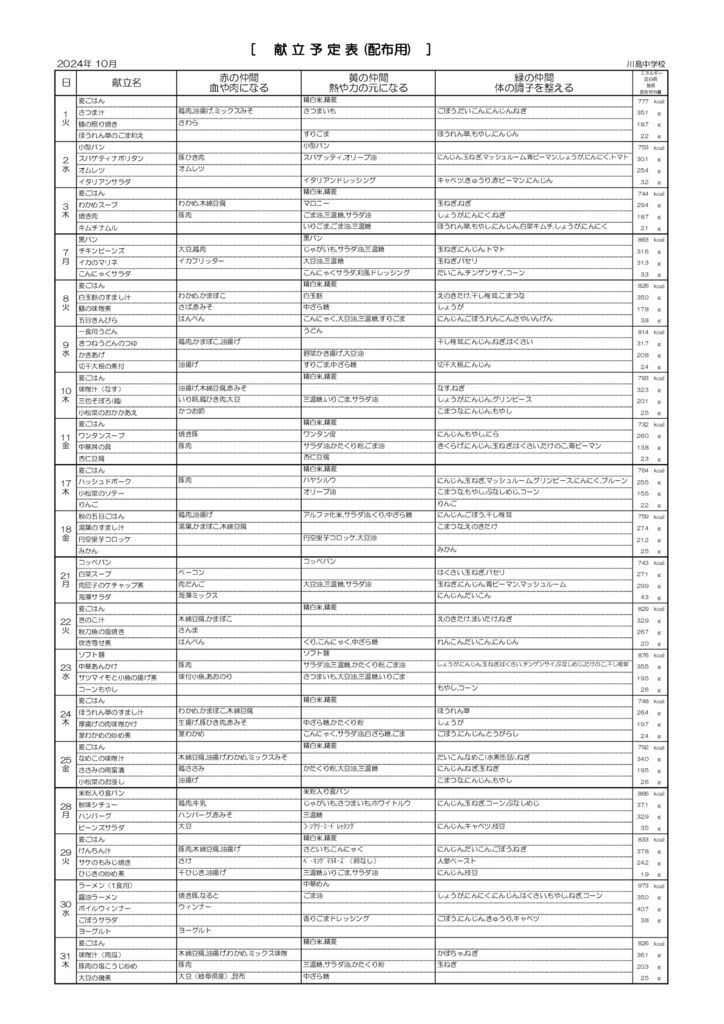 ★川島中献立裏10月分のサムネイル