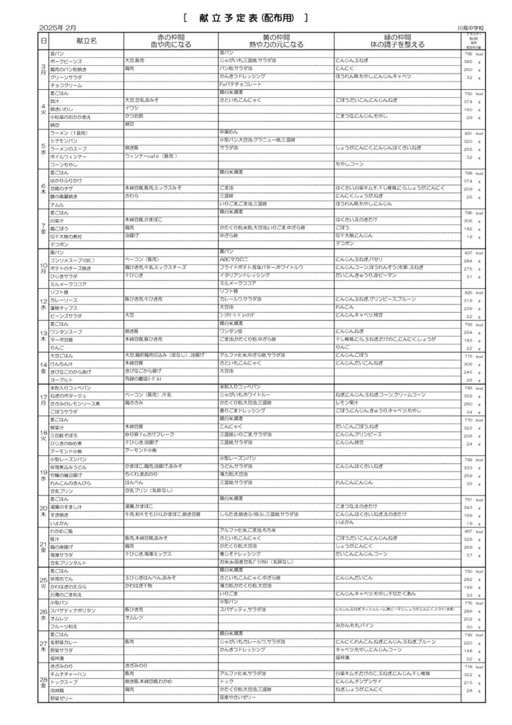 川島中献立裏2月分のサムネイル