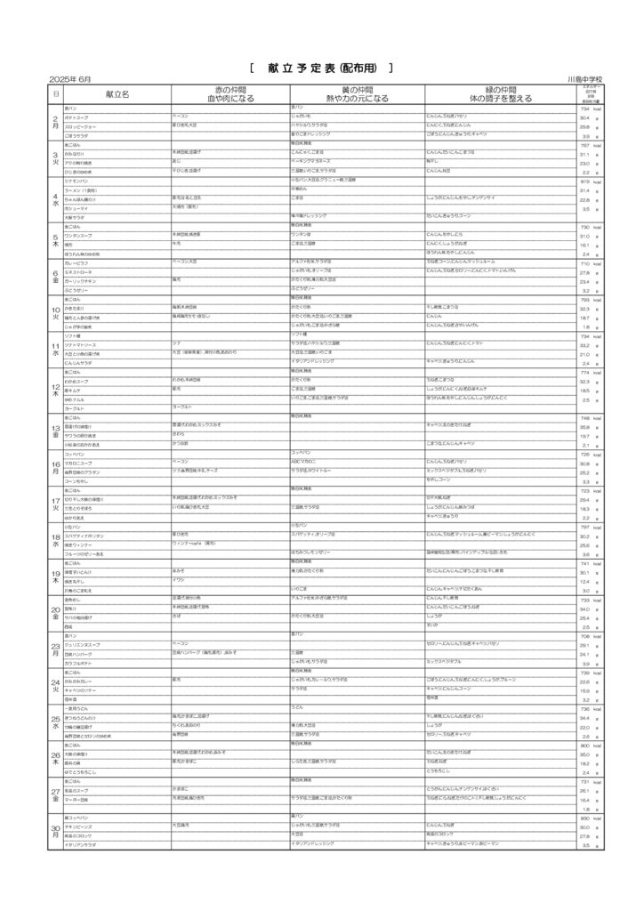 献立裏6月分 中学校のサムネイル
