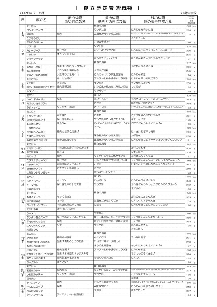 献立表川島中7.8月分裏のサムネイル
