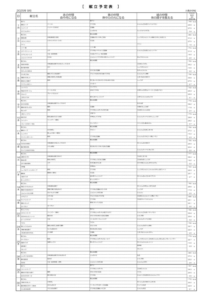 献立表裏川島中学校9月分のサムネイル