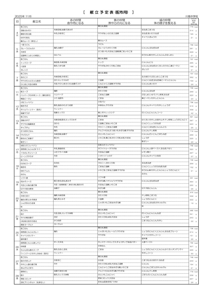 献立表裏11月川島のサムネイル