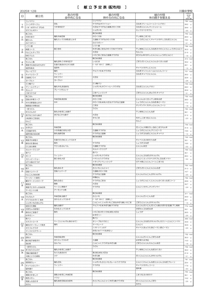 献立表裏１２月川島のサムネイル