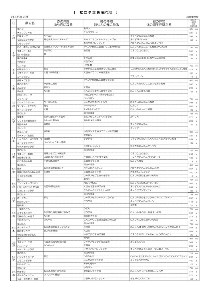 献立表裏3月分川島中のサムネイル